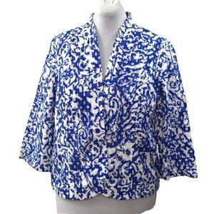 Chicos Eyelet Jacket Womens 16 Size 3 Blue White Floral 3/4 Sleeve Open Front